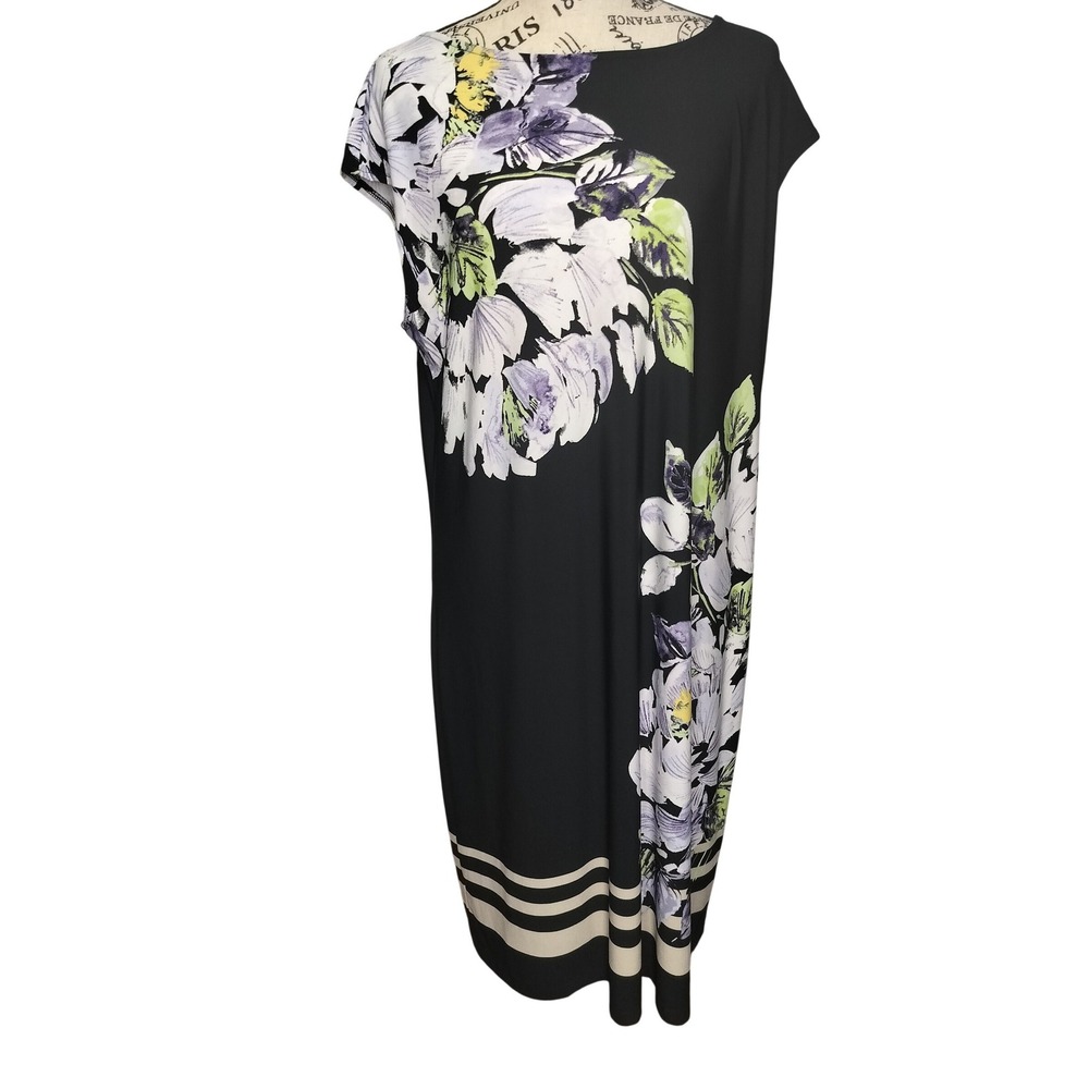 Chicos Floral Striped Shift Dress‎ Black Purple Size 2 (12) Large Boat Neck Knit